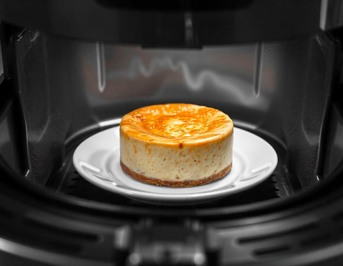 Cheesecake cremosa cotta in airfryer servita su un piatto.