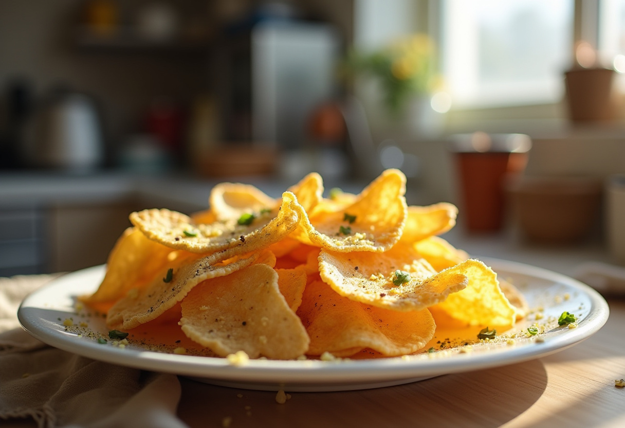 Chips di patate croccanti cotte in airfryer servite in una ciotola.