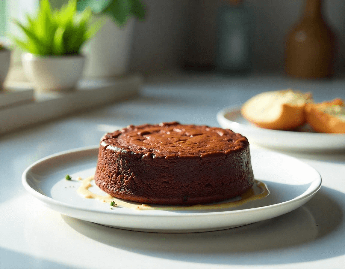 Torta al cioccolato soffice cotta in airfryer servita su un piatto.